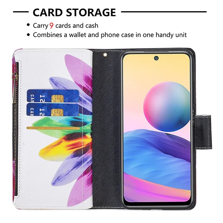 Pattern Printing Zipper Wallet Case Cover with Strap for Xiaomi Redmi Note 10 5G / Poco M3 Pro 5G / 4G - Sunflower