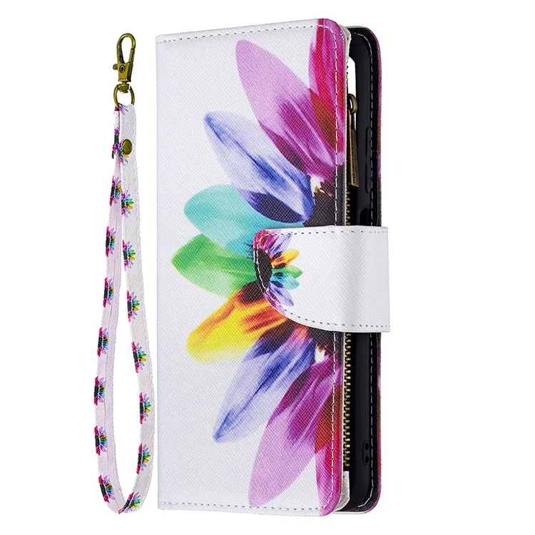 Pattern Printing Zipper Wallet Case Cover with Strap for Xiaomi Redmi Note 10 5G / Poco M3 Pro 5G / 4G - Sunflower