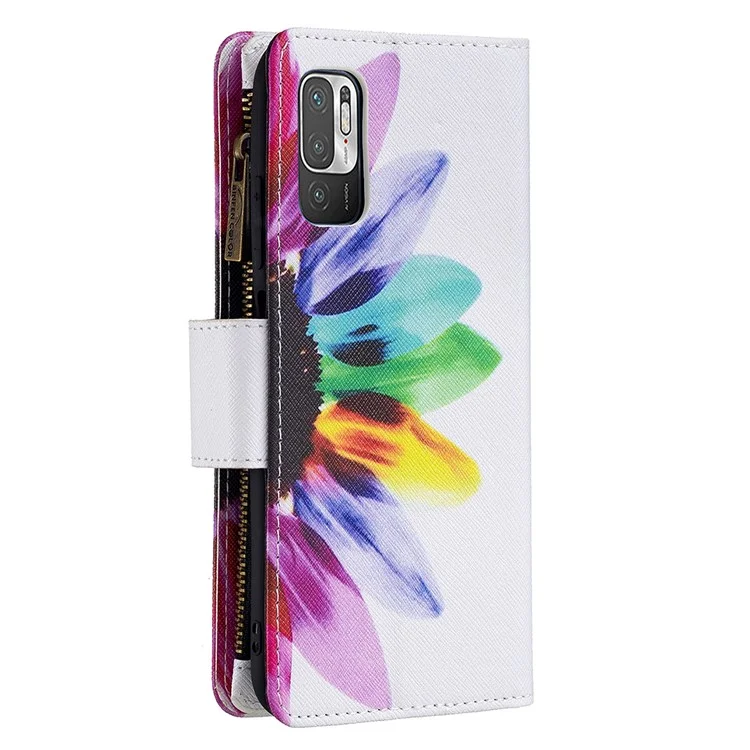 Pattern Printing Zipper Wallet Case Cover with Strap for Xiaomi Redmi Note 10 5G / Poco M3 Pro 5G / 4G - Sunflower