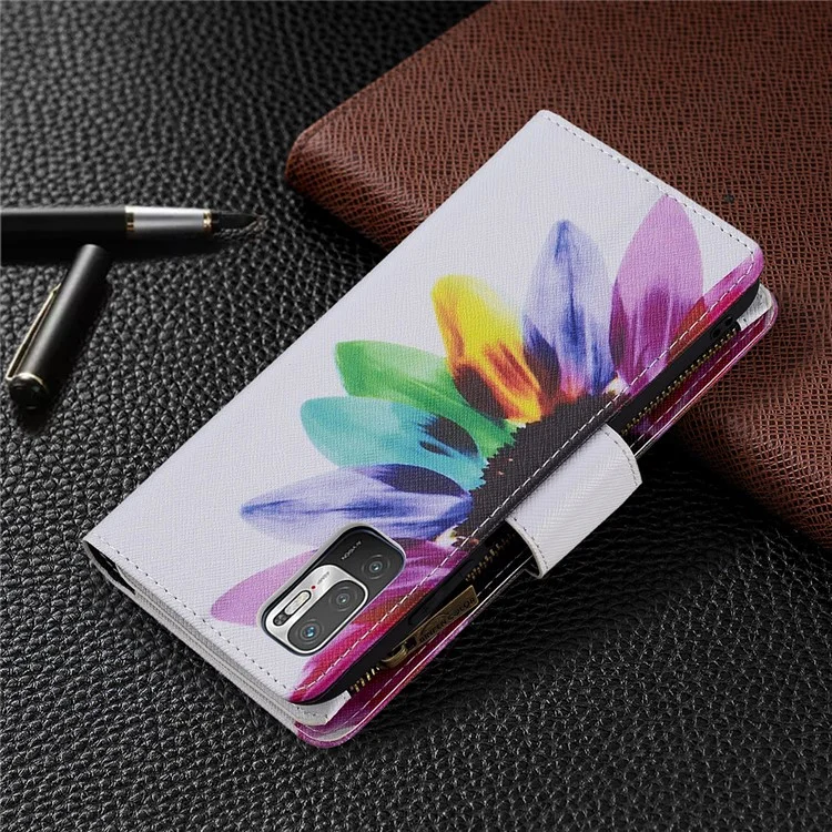Pattern Printing Zipper Wallet Case Cover with Strap for Xiaomi Redmi Note 10 5G / Poco M3 Pro 5G / 4G - Sunflower