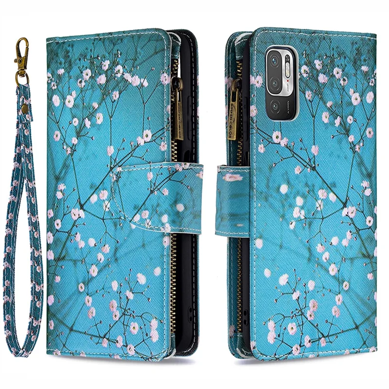 Pattern Printing Zipper Wallet Case Cover with Strap for Xiaomi Redmi Note 10 5G / Poco M3 Pro 5G / 4G - Plum Blossom