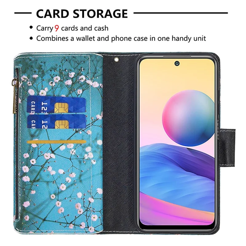 Pattern Printing Zipper Wallet Case Cover with Strap for Xiaomi Redmi Note 10 5G / Poco M3 Pro 5G / 4G - Plum Blossom