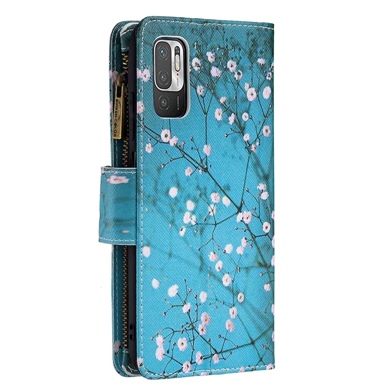 Pattern Printing Zipper Wallet Case Cover with Strap for Xiaomi Redmi Note 10 5G / Poco M3 Pro 5G / 4G - Plum Blossom