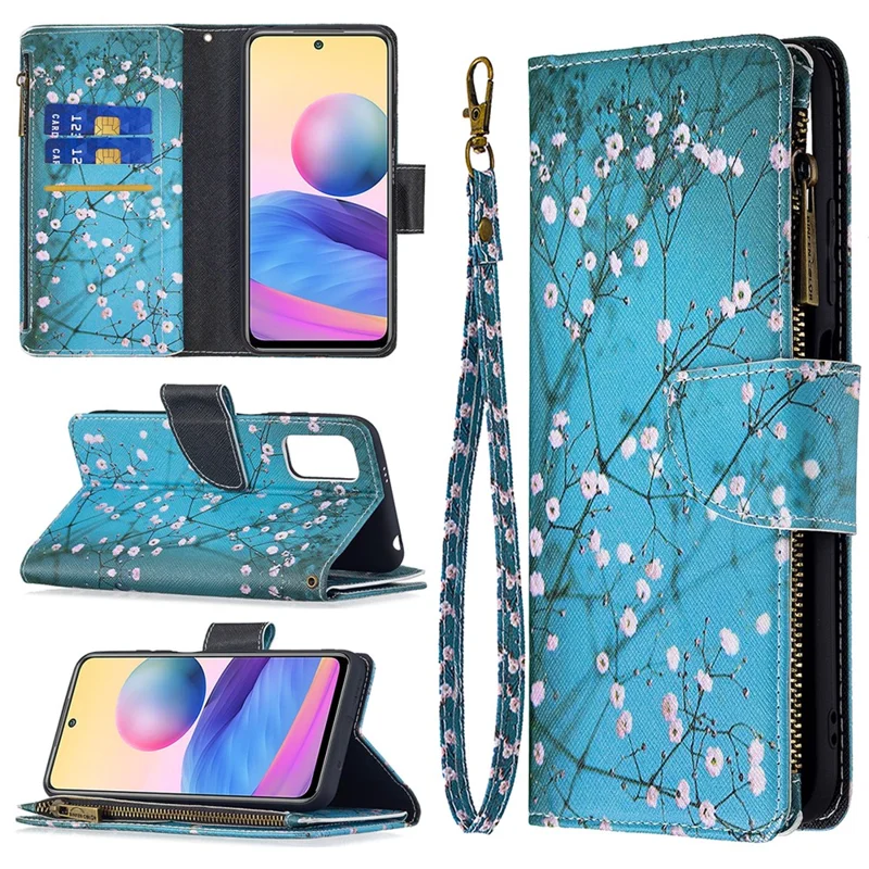 Pattern Printing Zipper Wallet Case Cover with Strap for Xiaomi Redmi Note 10 5G / Poco M3 Pro 5G / 4G - Plum Blossom