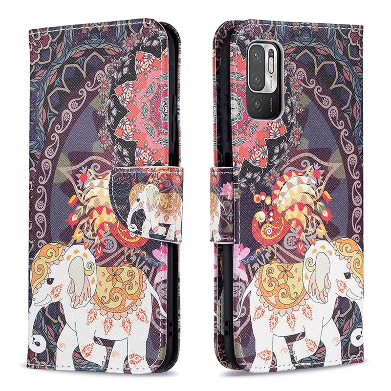 3D Full Stylish Advanced Printing Pattern Stand Magnetic Clasp Wallet Case for Xiaomi Redmi Note 10 5G / Poco M3 Pro 5G / 4G - Flower and Elephant