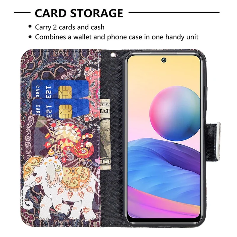 3D Full Stylish Advanced Printing Pattern Stand Magnetic Clasp Wallet Case for Xiaomi Redmi Note 10 5G / Poco M3 Pro 5G / 4G - Flower and Elephant