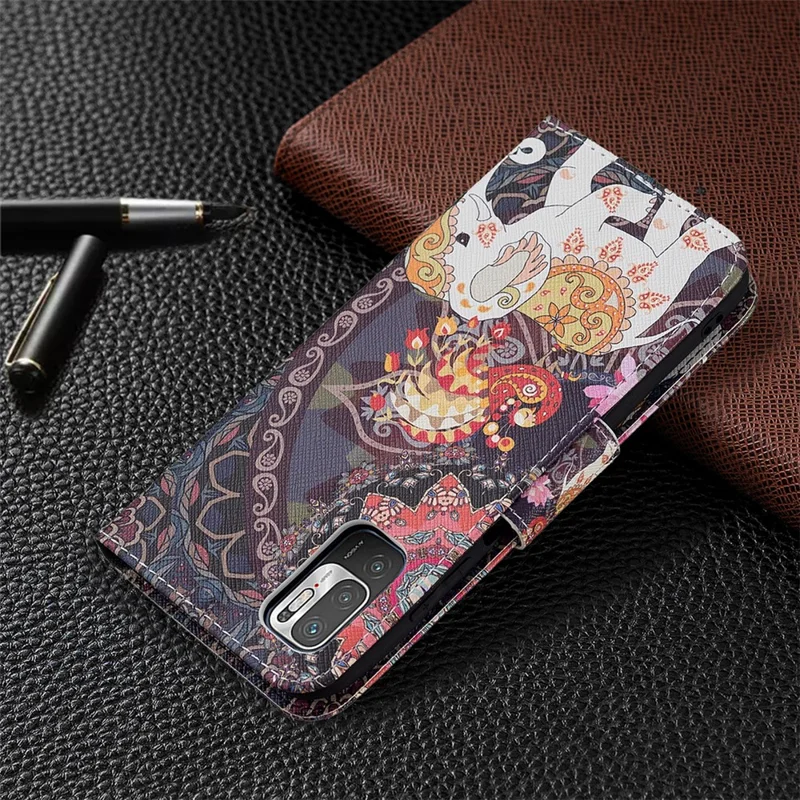 3D Full Stylish Advanced Printing Pattern Stand Magnetic Clasp Wallet Case for Xiaomi Redmi Note 10 5G / Poco M3 Pro 5G / 4G - Flower and Elephant