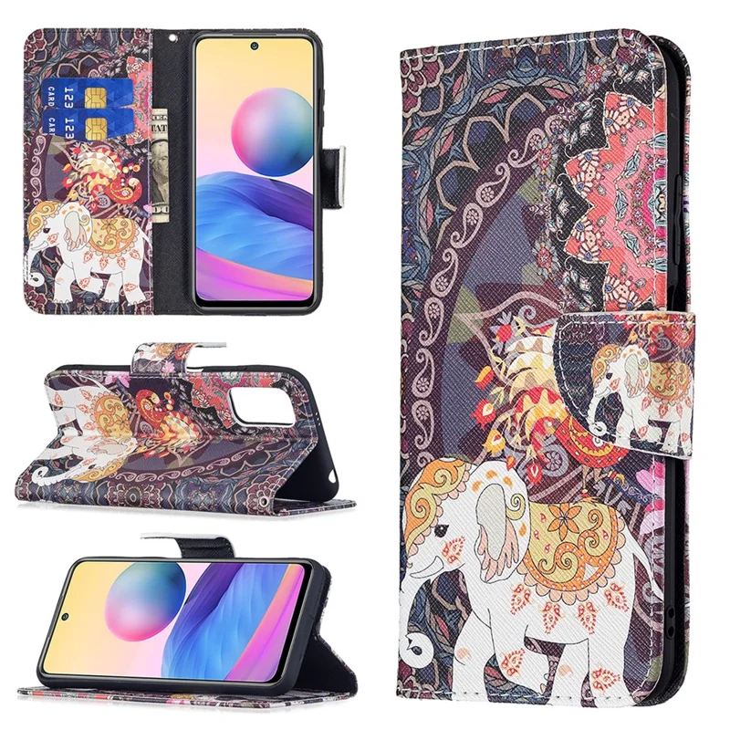 3D Full Stylish Advanced Printing Pattern Stand Magnetic Clasp Wallet Case for Xiaomi Redmi Note 10 5G / Poco M3 Pro 5G / 4G - Flower and Elephant