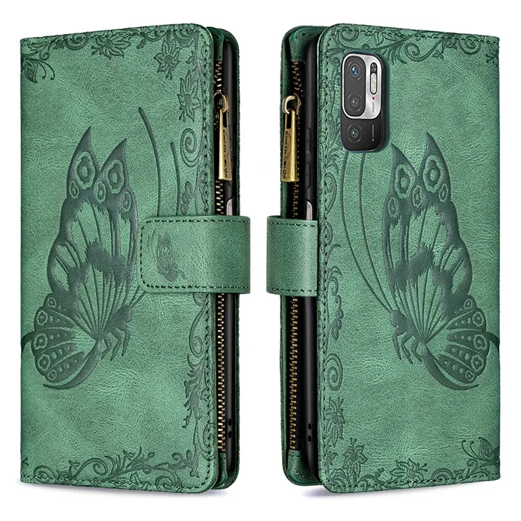 Custodia In Pelle Da Tasca Con Cerniera Con Cerniera Con Cerniera Magnetica Con Cerniera A Farfalla Stampata Per Xiaomi Redmi Nota 10 5G / Poco M3 Pro 5G / 4G. - Verde