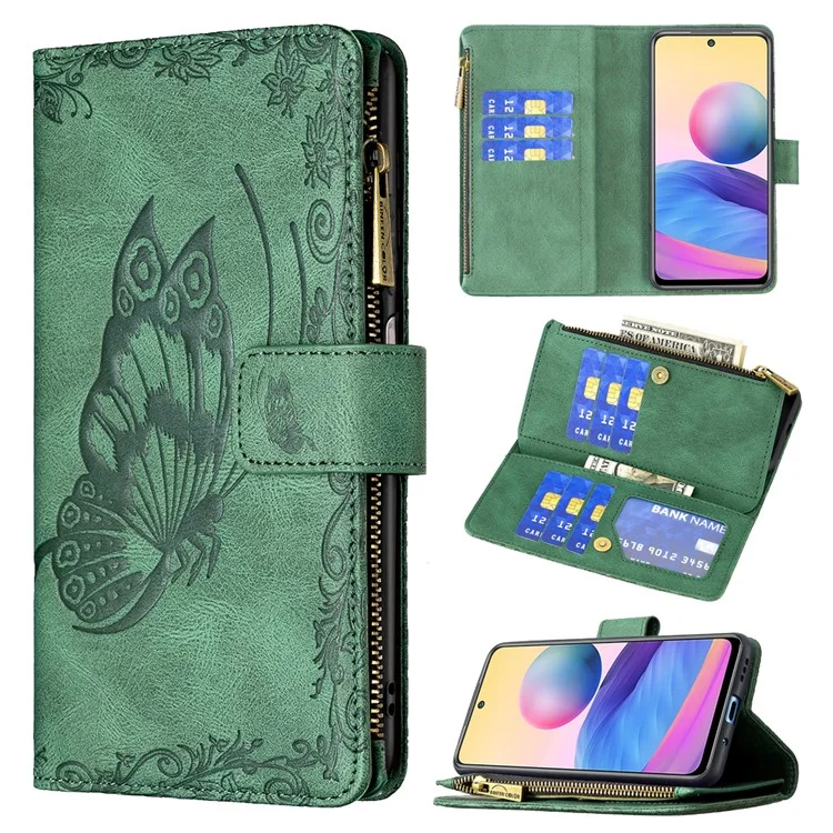 Custodia In Pelle Da Tasca Con Cerniera Con Cerniera Con Cerniera Magnetica Con Cerniera A Farfalla Stampata Per Xiaomi Redmi Nota 10 5G / Poco M3 Pro 5G / 4G. - Verde