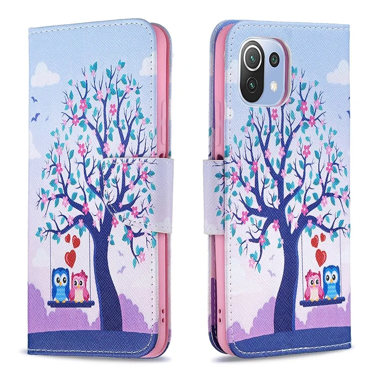 Impression de motif de mode Fonction de support Étui portefeuille protecteur mince pour Xiaomi Mi 11 Lite 4G / 5G / 11 Lite 5G NE - Arbre et hiboux