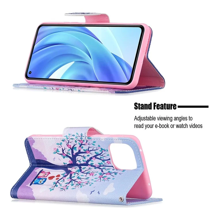 Impression de motif de mode Fonction de support Étui portefeuille protecteur mince pour Xiaomi Mi 11 Lite 4G / 5G / 11 Lite 5G NE - Arbre et hiboux
