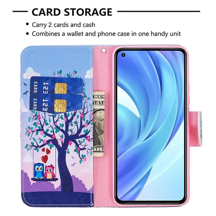 Impression de motif de mode Fonction de support Étui portefeuille protecteur mince pour Xiaomi Mi 11 Lite 4G / 5G / 11 Lite 5G NE - Arbre et hiboux