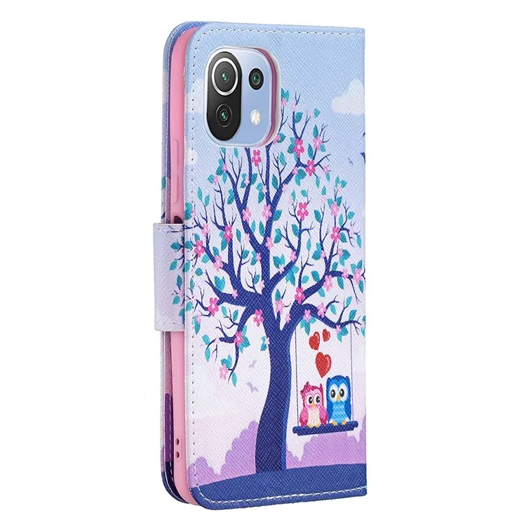 Impression de motif de mode Fonction de support Étui portefeuille protecteur mince pour Xiaomi Mi 11 Lite 4G / 5G / 11 Lite 5G NE - Arbre et hiboux