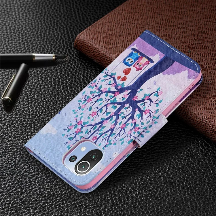 Impression de motif de mode Fonction de support Étui portefeuille protecteur mince pour Xiaomi Mi 11 Lite 4G / 5G / 11 Lite 5G NE - Arbre et hiboux