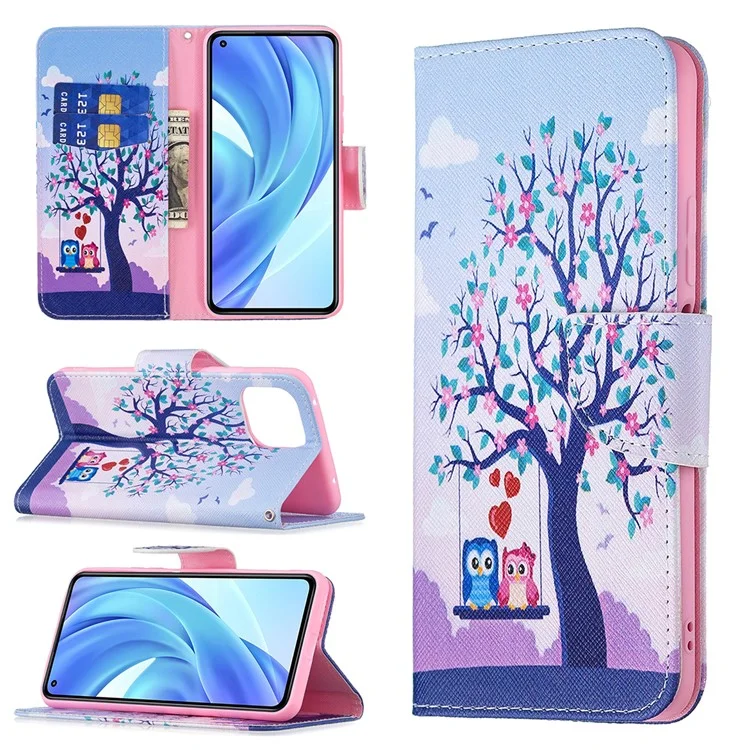 Impression de motif de mode Fonction de support Étui portefeuille protecteur mince pour Xiaomi Mi 11 Lite 4G / 5G / 11 Lite 5G NE - Arbre et hiboux