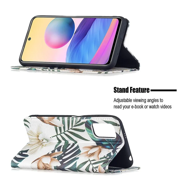 Custodia in pelle PU premium con design a stampa per Xiaomi Poco M3 Pro 5G / 4G / Redmi Note 10 5G - Fiori e foglie