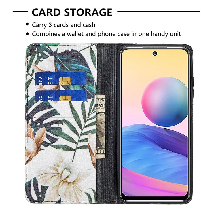 Custodia in pelle PU premium con design a stampa per Xiaomi Poco M3 Pro 5G / 4G / Redmi Note 10 5G - Fiori e foglie