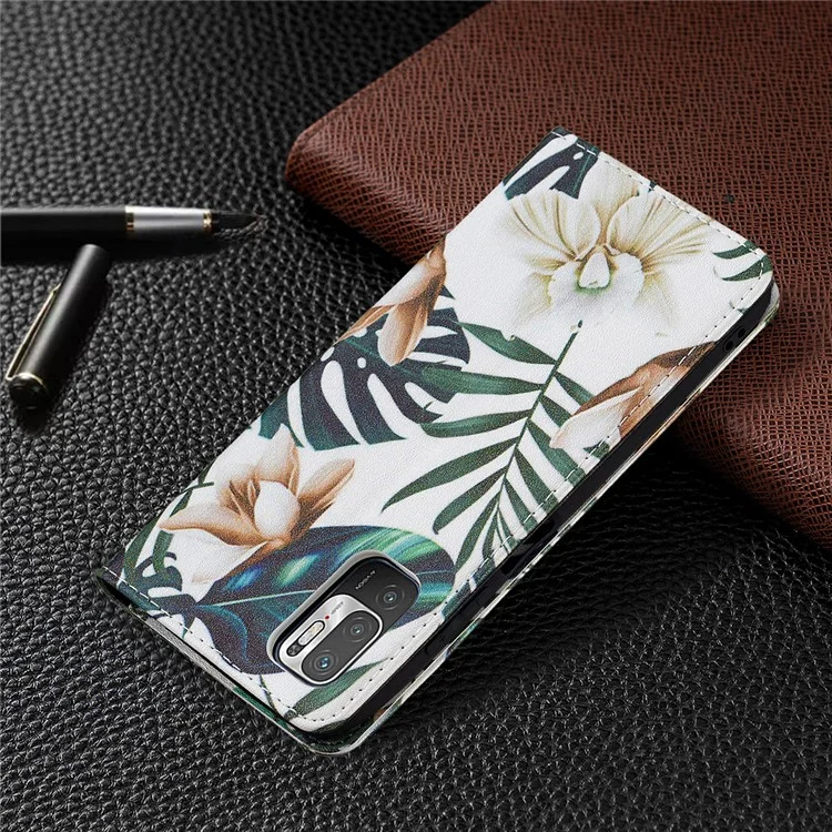 Custodia in pelle PU premium con design a stampa per Xiaomi Poco M3 Pro 5G / 4G / Redmi Note 10 5G - Fiori e foglie