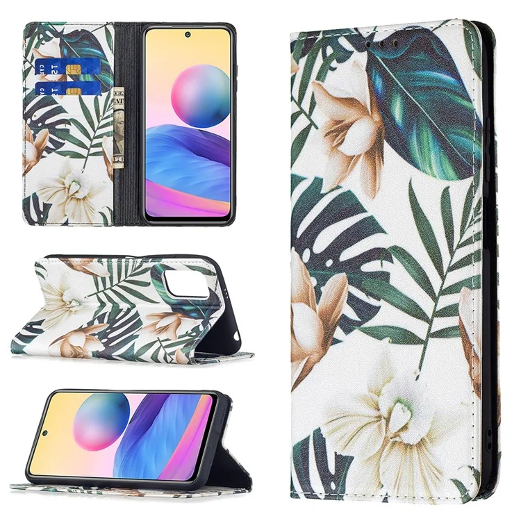 Custodia in pelle PU premium con design a stampa per Xiaomi Poco M3 Pro 5G / 4G / Redmi Note 10 5G - Fiori e foglie