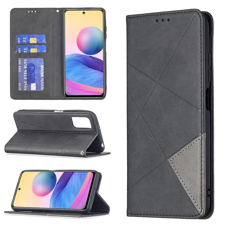 Geometric Pattern Auto-Absorbed Wallet Leather Stand Case for Xiaomi Poco M3 Pro 4G / 5G / Redmi Note 10 5G / Note 10T 5G - Black