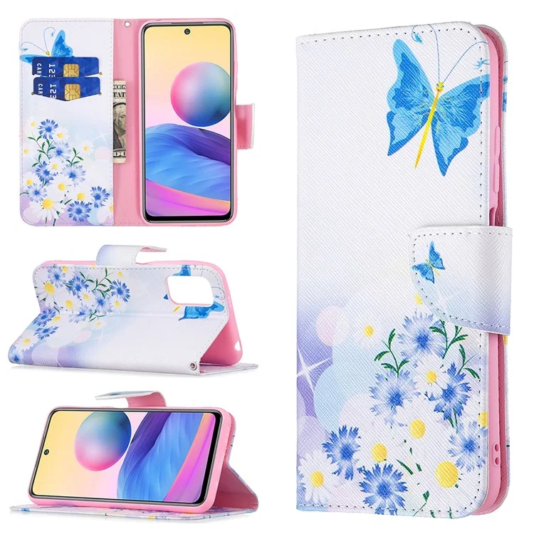 Pattern Printing PU Leather Magnetic Closure Stand Flip Shockproof Case for Xiaomi Redmi Note 10 5G / Poco M3 Pro 5G / 4G - Butterfly and Flower