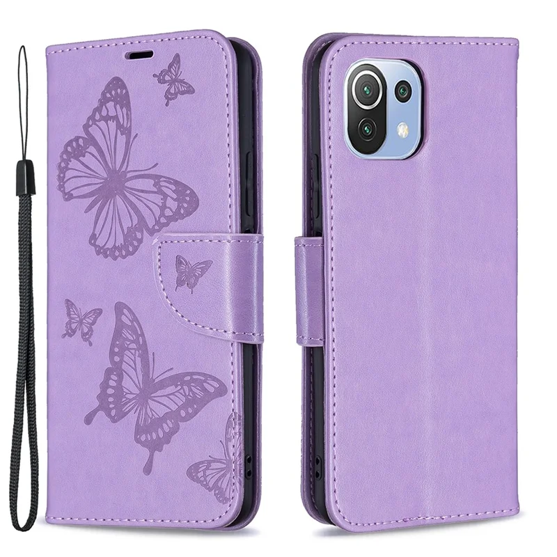 Imprint Butterfly Pattern Leather Stand Wallet Case with Strap for Xiaomi Mi 11 Lite 4G / 5G  / 11 Lite 5G NE - Purple