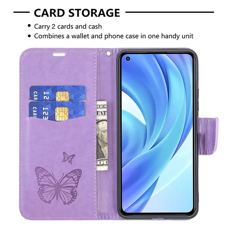 Imprint Butterfly Pattern Leather Stand Wallet Case with Strap for Xiaomi Mi 11 Lite 4G / 5G  / 11 Lite 5G NE - Purple