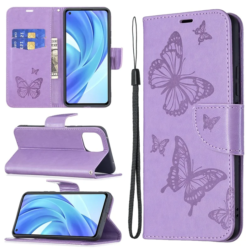 Imprint Butterfly Pattern Leather Stand Wallet Case with Strap for Xiaomi Mi 11 Lite 4G / 5G  / 11 Lite 5G NE - Purple