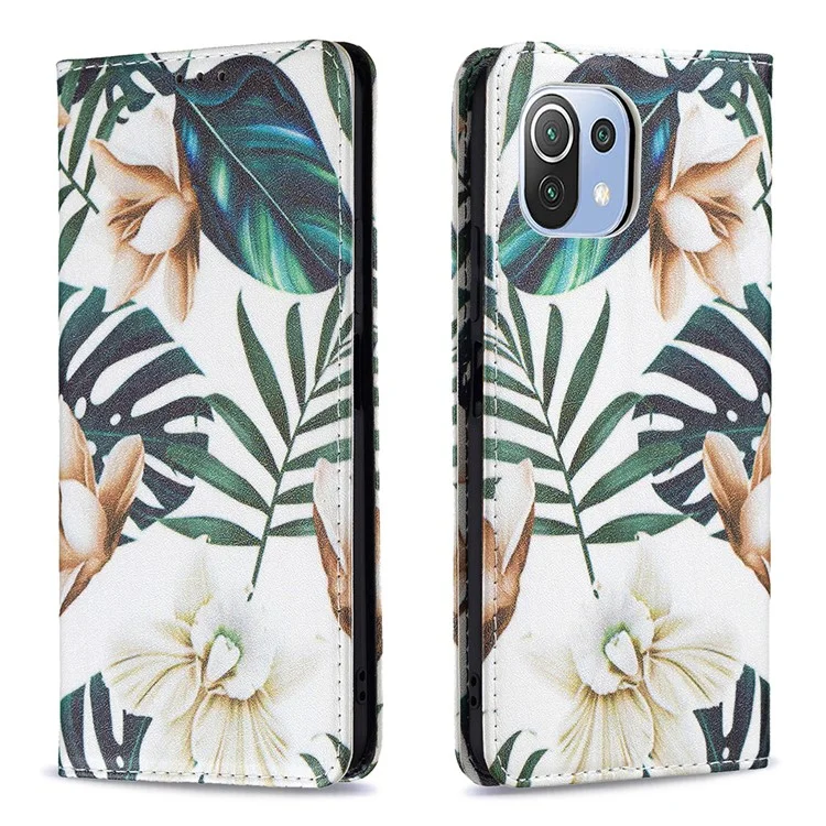 Magnetic Auto-absorbed Pattern Printing PU Leather Stand Walllet Case for Xiaomi Mi 11 Lite 4G / 5G /11 Lite 5G NE - Flower and Leaf