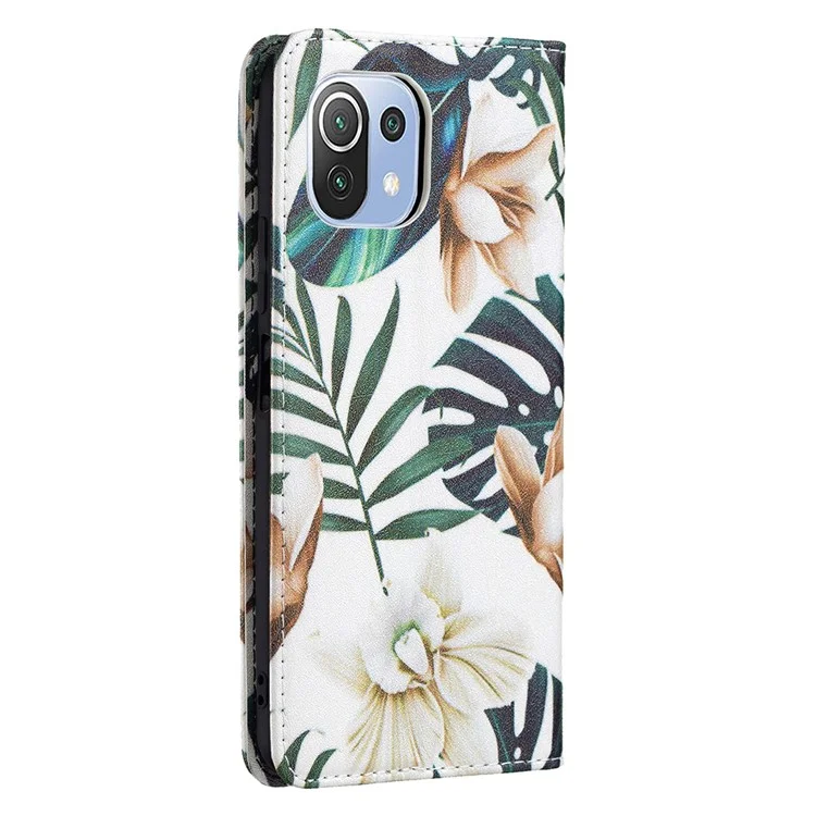 Magnetic Auto-absorbed Pattern Printing PU Leather Stand Walllet Case for Xiaomi Mi 11 Lite 4G / 5G /11 Lite 5G NE - Flower and Leaf