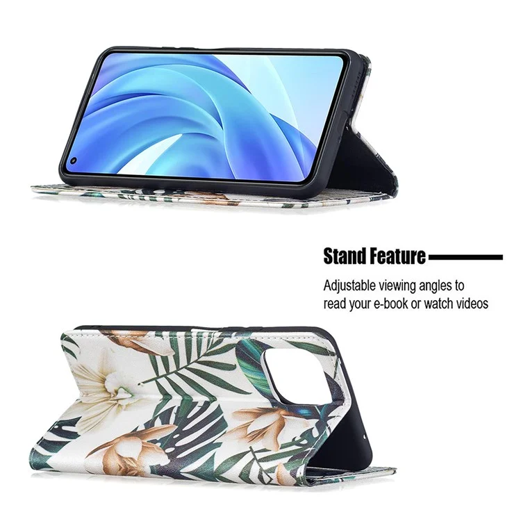 Magnetic Auto-absorbed Pattern Printing PU Leather Stand Walllet Case for Xiaomi Mi 11 Lite 4G / 5G /11 Lite 5G NE - Flower and Leaf