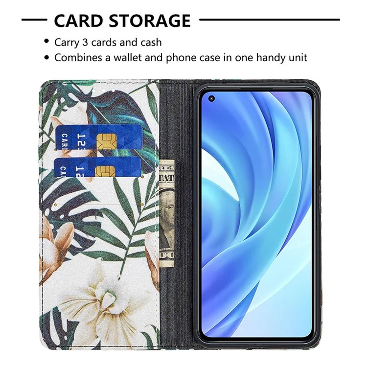 Magnetic Auto-absorbed Pattern Printing PU Leather Stand Walllet Case for Xiaomi Mi 11 Lite 4G / 5G /11 Lite 5G NE - Flower and Leaf