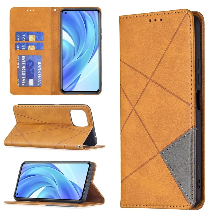 Geometric Pattern Auto-Absorbed Stand Leather Phone Case for Xiaomi Mi 11 Lite 4G / 5G  / 11 Lite 5G NE - Yellow