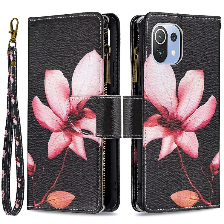 Étui de téléphone en cuir avec support et impression de motif pour Xiaomi Mi 11 Lite 4G / 5G /11 Lite 5G NE - Lotus