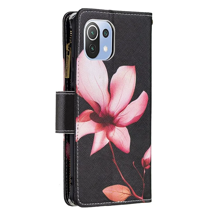 Étui de téléphone en cuir avec support et impression de motif pour Xiaomi Mi 11 Lite 4G / 5G /11 Lite 5G NE - Lotus
