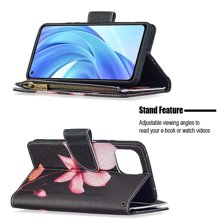 Étui de téléphone en cuir avec support et impression de motif pour Xiaomi Mi 11 Lite 4G / 5G /11 Lite 5G NE - Lotus