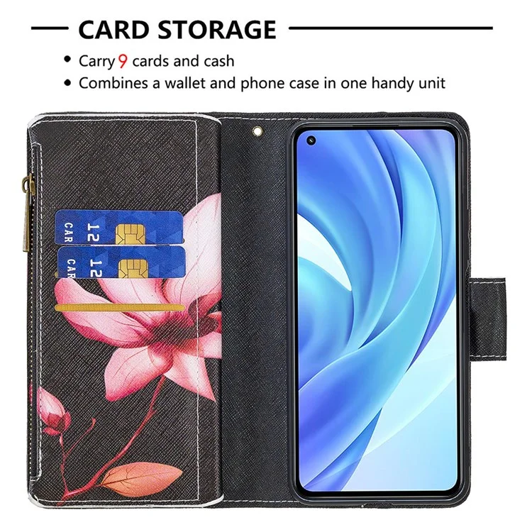 Étui de téléphone en cuir avec support et impression de motif pour Xiaomi Mi 11 Lite 4G / 5G /11 Lite 5G NE - Lotus
