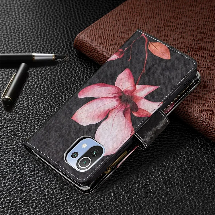 Étui de téléphone en cuir avec support et impression de motif pour Xiaomi Mi 11 Lite 4G / 5G /11 Lite 5G NE - Lotus