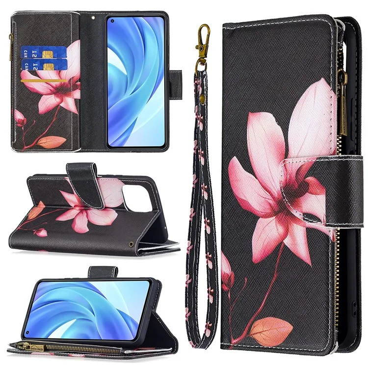 Étui de téléphone en cuir avec support et impression de motif pour Xiaomi Mi 11 Lite 4G / 5G /11 Lite 5G NE - Lotus