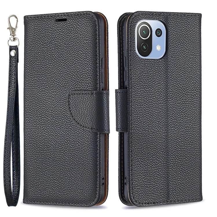 Litchi Texture Wallet Stand Leather Phone Case avec Sangle Poignet pour Xiaomi Mi 11 Lite 4G / 5G /11 Lite 5G NE - Noir