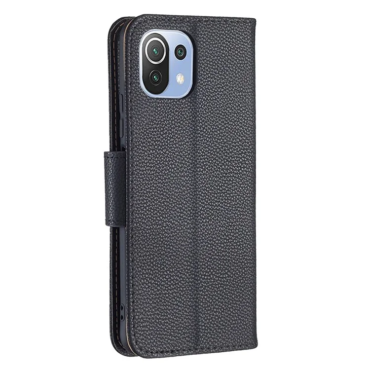 Litchi Texture Wallet Stand Leather Phone Case avec Sangle Poignet pour Xiaomi Mi 11 Lite 4G / 5G /11 Lite 5G NE - Noir