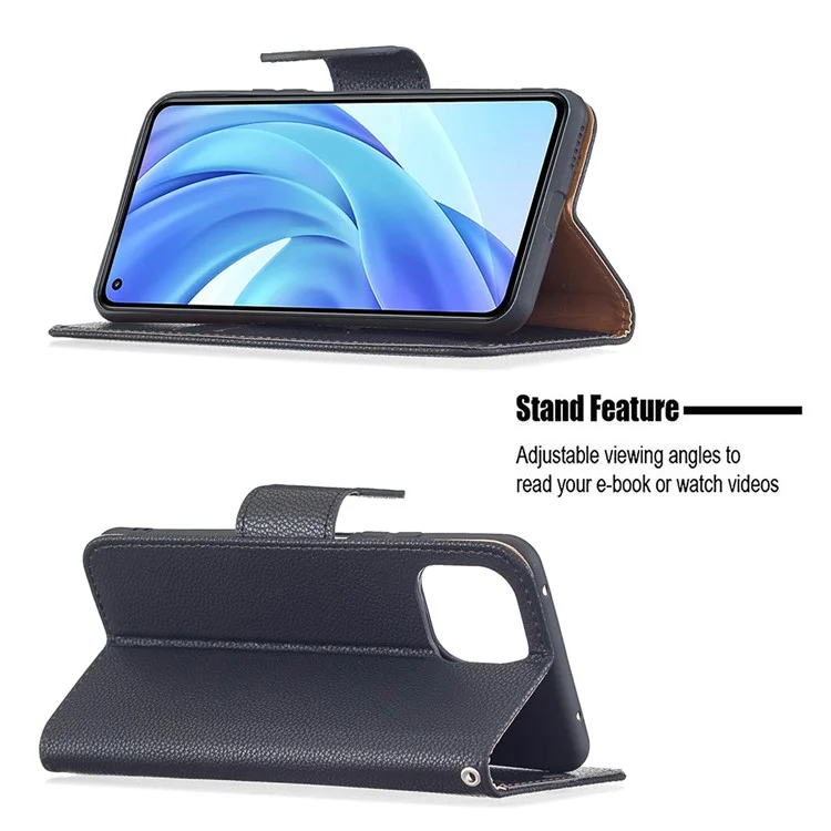 Litchi Texture Wallet Stand Leather Phone Case avec Sangle Poignet pour Xiaomi Mi 11 Lite 4G / 5G /11 Lite 5G NE - Noir