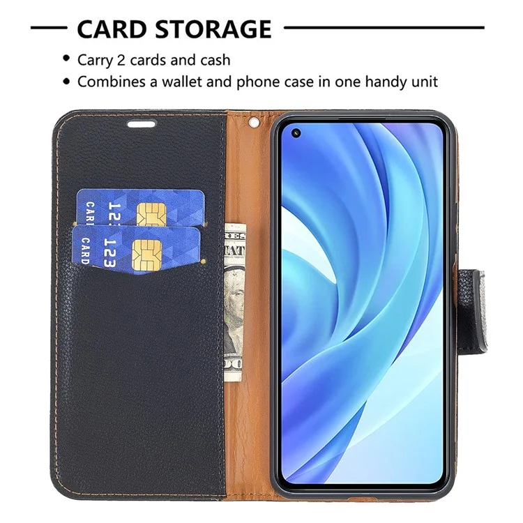 Litchi Texture Wallet Stand Leather Phone Case avec Sangle Poignet pour Xiaomi Mi 11 Lite 4G / 5G /11 Lite 5G NE - Noir