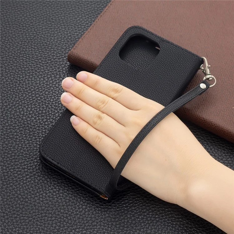 Litchi Texture Wallet Stand Leather Phone Case avec Sangle Poignet pour Xiaomi Mi 11 Lite 4G / 5G /11 Lite 5G NE - Noir