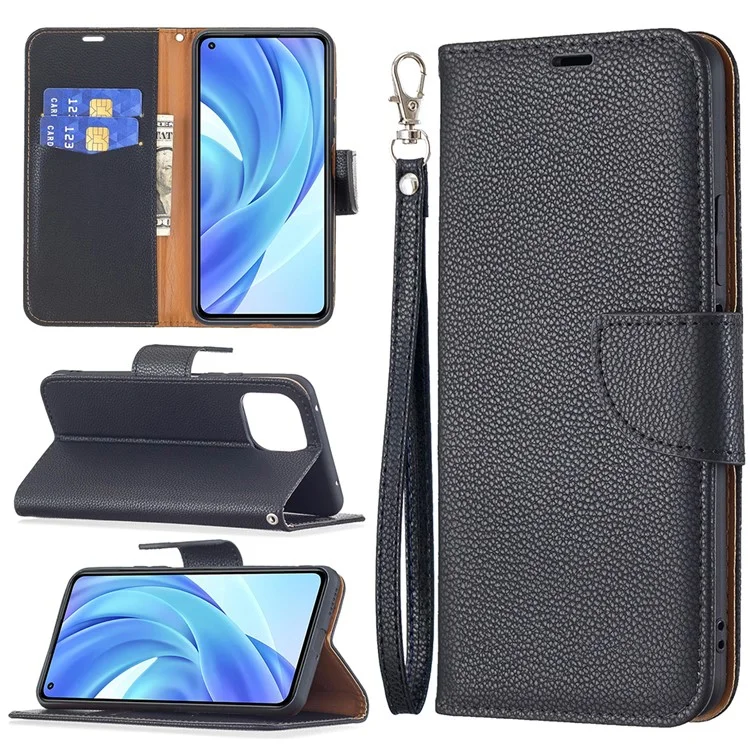 Litchi Texture Wallet Stand Leather Phone Case avec Sangle Poignet pour Xiaomi Mi 11 Lite 4G / 5G /11 Lite 5G NE - Noir