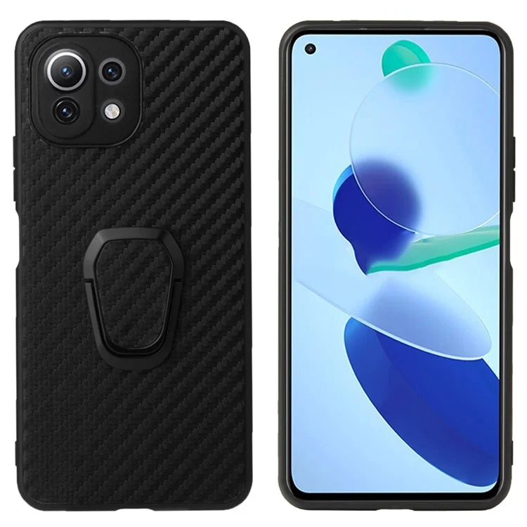 Coque de protection en PU + TPU résistante aux rayures avec support en anneau pour Xiaomi Mi 11 Lite 4G / 5G /11 Lite 5G NE - Texture fibre de carbone