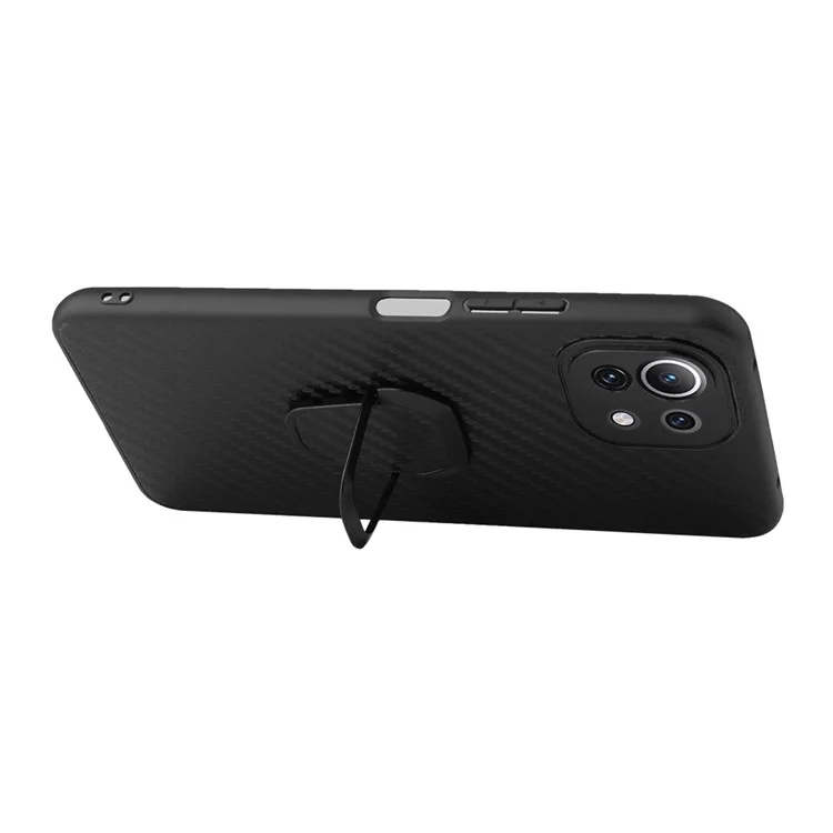 Coque de protection en PU + TPU résistante aux rayures avec support en anneau pour Xiaomi Mi 11 Lite 4G / 5G /11 Lite 5G NE - Texture fibre de carbone