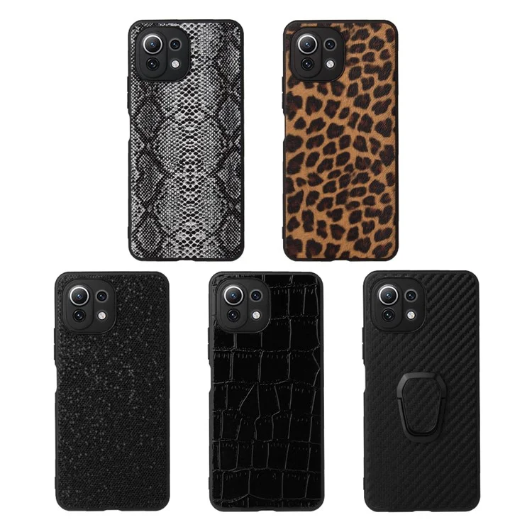 Coque de protection en PU + TPU résistante aux rayures avec support en anneau pour Xiaomi Mi 11 Lite 4G / 5G /11 Lite 5G NE - Texture fibre de carbone