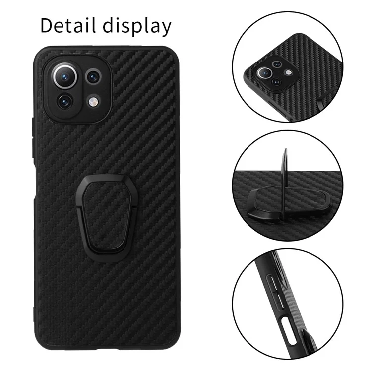 Full Body Scratch Resistant PU + TPU Ring-Shape Kickstand Protective Phone Cover for Xiaomi Mi 11 Lite 4G / 5G /11 Lite 5G NE - Carbon Fiber Texture